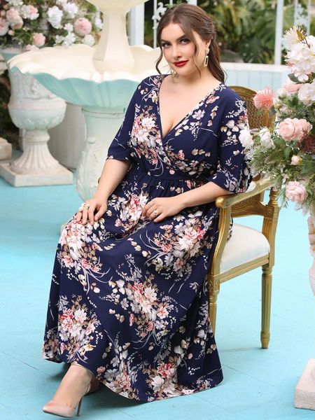 

plus size dresses dress women summer fashion v neck short sleeve botanical print casual maxi high waist boho beach dressesplus, Black