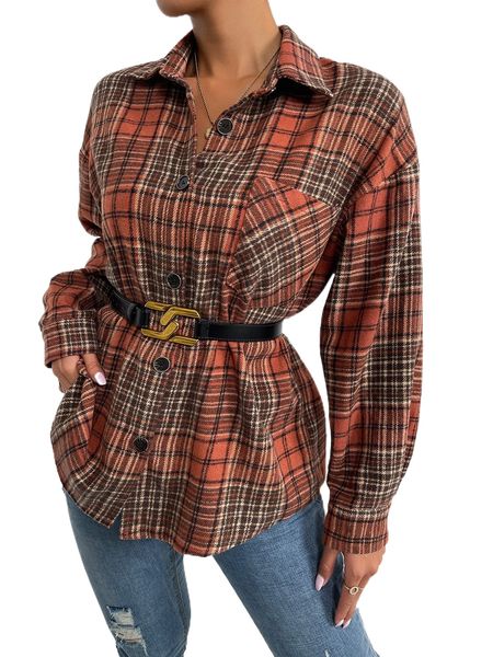 

tartan print drop shoulder overcoat without belt 77il#, Black