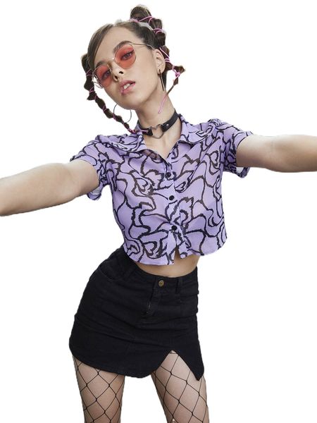 

allover print button front crop blouse w5rv#, White