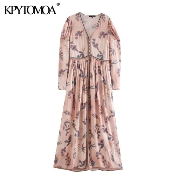 

kpytomoa women chic fashion printed frayed trims maxi dress vintage v neck long balloon sleeves female dresses vestidos y200805, Black;pink