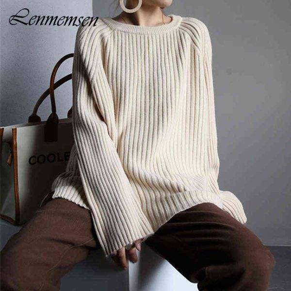 

women sweater lenmemsen thick casual loose-fitting pullovers female oversized knitted sweater women soli t220824, White;black