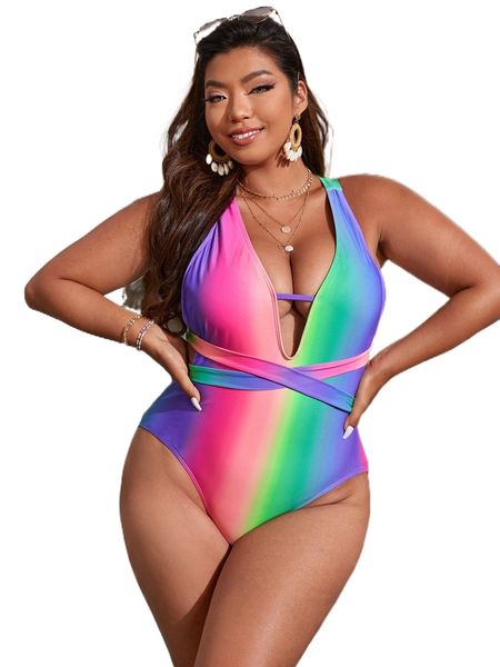 

plus ombre criss-cross tie backless one piece swimsuit 20xl#, White;black