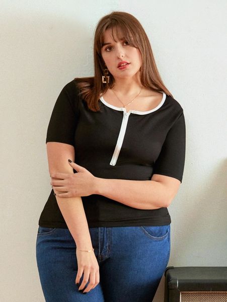 

plus contrast trim half placket tee c0oc#, Black