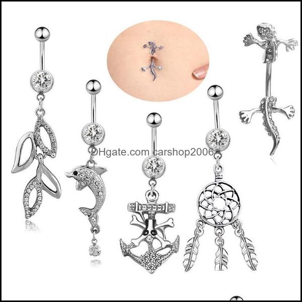 

navel bell button rings body jewelry stainless steel belly dangle ring dolphin simple design rhinestone piercing fashion wholesale drop de, Silver