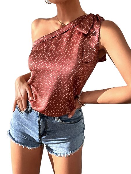

allover print bow one shoulder satin blouse 17ko#, White