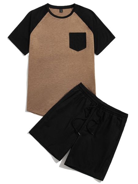 

men contrast raglan sleeve tee & drawstring waist shorts 14t8#, Gray