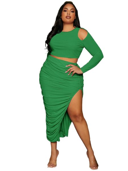 

sxy plus cutout detail crop & ruched split thigh skirt set d9qh#, Black