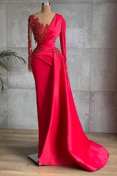 

red mermaid evening dresses sheer long sleeves beading tassel ruched arabic formal party gowns celebrity met gala prom wears bc9410 0725, Black;red