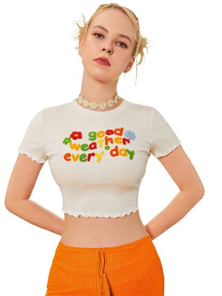 

letter & floral pattern lettuce trim crop tee m15b#, White