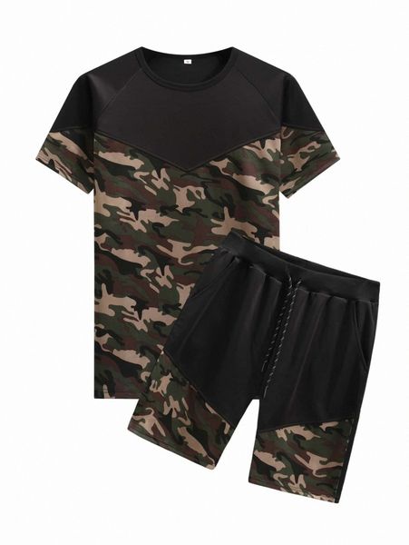 

men camo print raglan sleeve tee & drawstring waist shorts 470d#, Gray