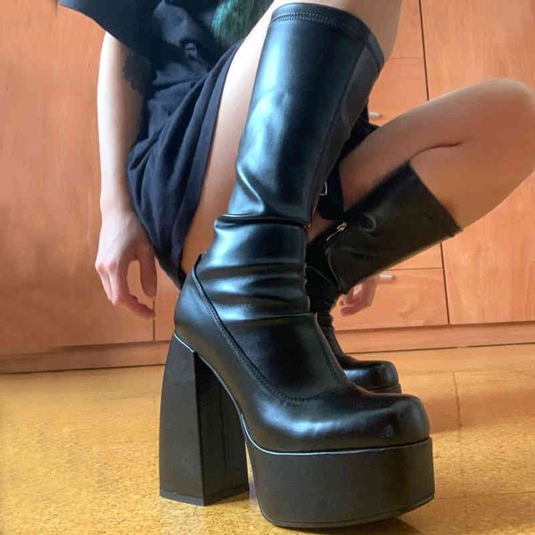 

boots thick heel knee high women female booties platform chunky elastic black heeled punk style womens girl hkni h6p5