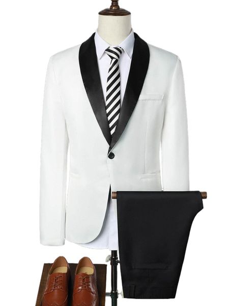 

men 1pc contrast shawl collar blazer & 1pc pants 40p8#, White;black
