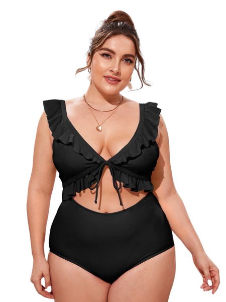 

plus cut-out ruffle trim one piece swimsuit l4en#, White;black