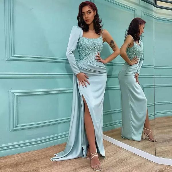 2022 Türkis Sexy Ballkleider Eine Schulter Kristall Perlen Langarm Dubai Abendkleider Plus Size Meerjungfrau Formales Partykleid Side Split