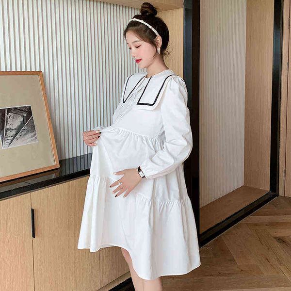 

spring and fall fairy fashion maternity nursing dresses sailor collar postpartum woman breastfeeding dress breastfeeding clothing j220628, White