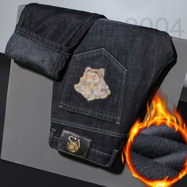 

men's jeans designer 2021 plush thickened new jeans men's black grey embroidery denim pants autumn and winter seem, Blue