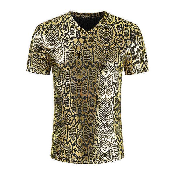 T-shirt sexy con scollo a V modello serpente metallizzato T-shirt da uomo Hipster manica corta DJ Nightclub T-shirt da uomo Hip Hop Streetwear Tee Shirt Homme L220704