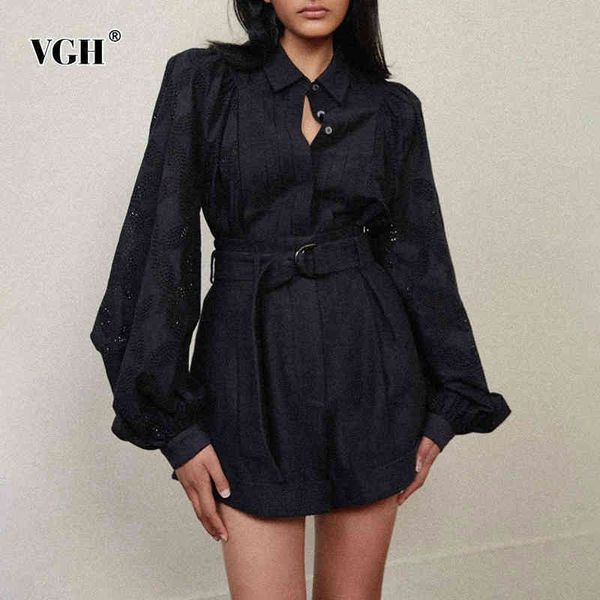 

casual hollow out two piece set for women lapel long sleeve sashes shirt high waist wide leg shorts female spring 210507, White