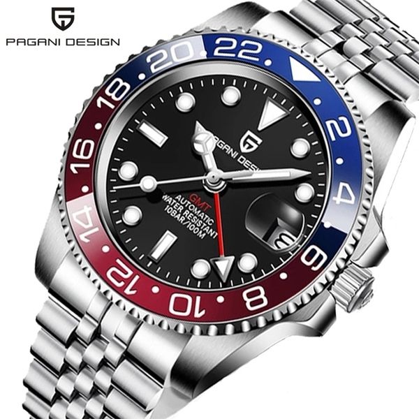 

pagani design luxury men gmt automatic machinery watch 40mm ceramic bezel jubilee strap sapphire 100m waterproof clock 220530, Slivery;brown