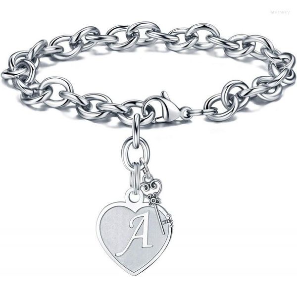 Braccialetti con iniziali a cuore con catena a maglie per regali da donna - Bracciale con ciondoli a 26 lettere incise Bracciale in acciaio inossidabile Compleanno ChristmaLink Lars22