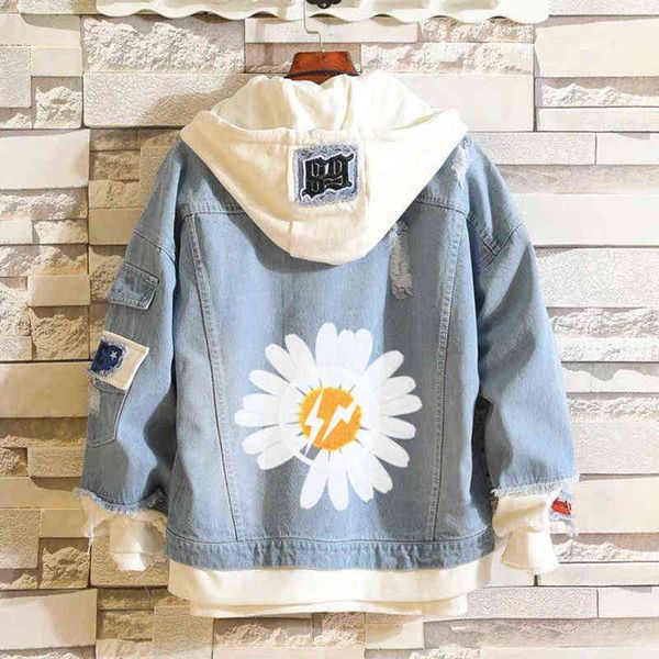 

men denim jacket streetwear hip hop men's hooded jean jackets casual print little daisy cartoon anime jacket outerwear y220803, Black;brown