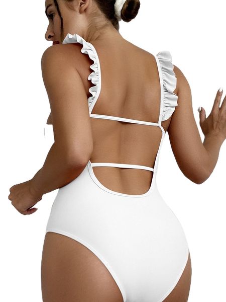 

frill trim cut-out one piece swimsuit m12t#, White;black