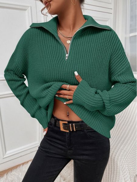 

ribbed knit half zipper drop shoulder sweater u4h2#, White;black