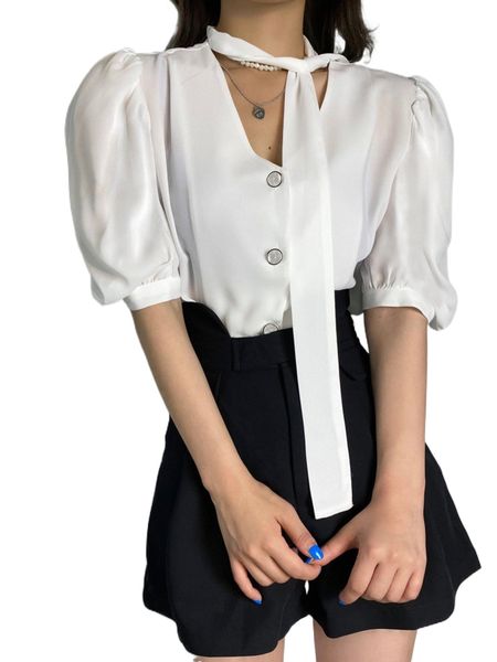 

dazy tie neck puff sleeve blouse n38l#, White