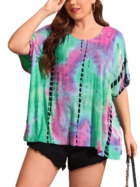 

plus tie dye batwing sleeve tee l0pi#, Black