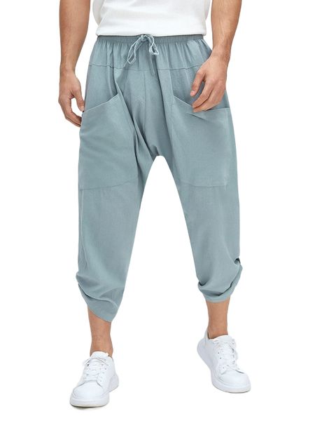 

men drawstring waist patch pocket pants w21w#, Black