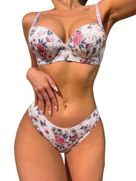 

floral print underwire lingerie set e6pp#, Black;red