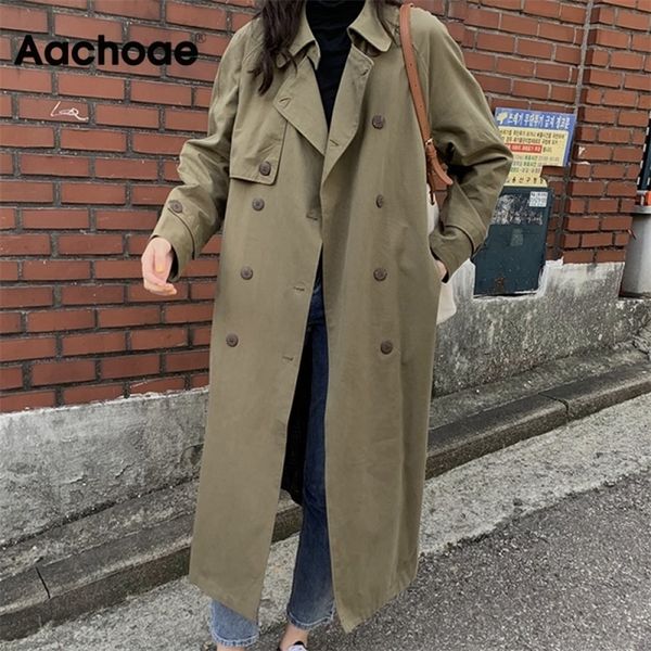 

aachoae women double breasted solid long trench batwing long sleeve straight coat bandage elegant windbreaker korean outwear 201111, Tan;black