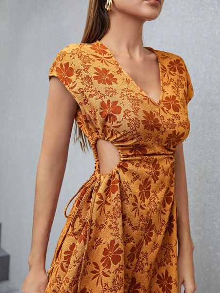 

floral print drawstring cut out side dress f5uz#, Black;gray