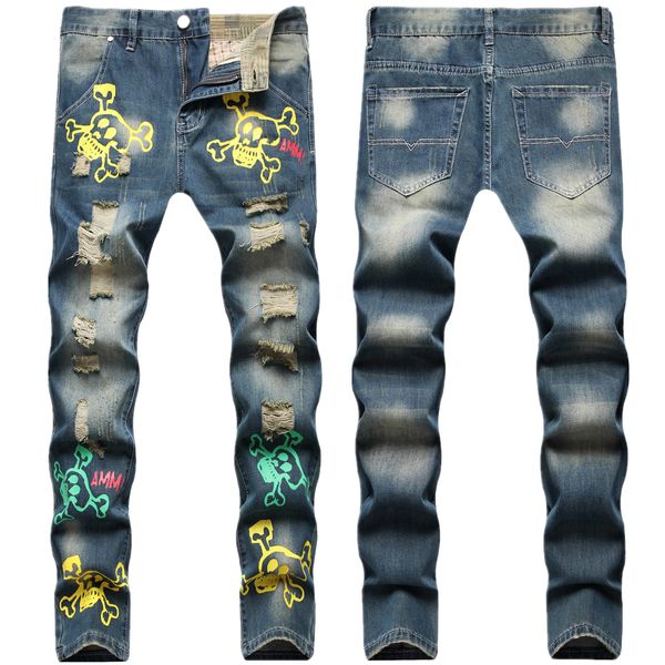 Jeans Men Slim Fit Skull de alta qualidade Impresso Rapped Ripped Biker calça jeans Big Size Motociclo Men Hip Hop Troushers for Male