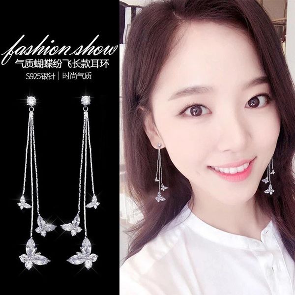

stud 2022 wholesale south korea earrings long three crystal butterfly tassel simple and versatile for women, Golden;silver