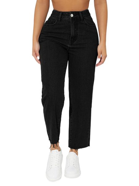 

petite raw hem washed jeans h1ug#, Blue