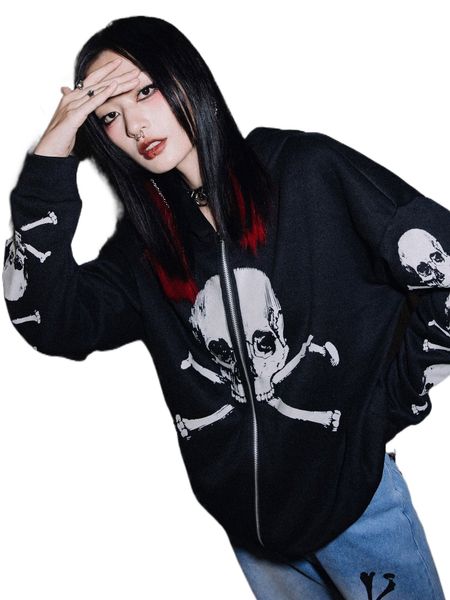 

romwe punk rock skull graphic zip up hoodie e4ot#, Black