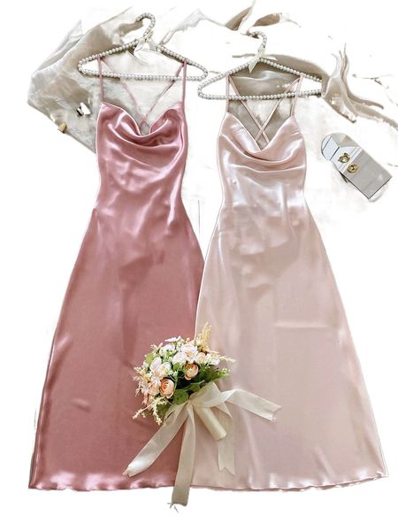 

2pcs draped collar satin cami night dress f0wi#, Black;red