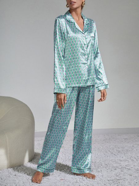 

allover print lapel neck satin blouse & pants pj set i9jt#, Black;red