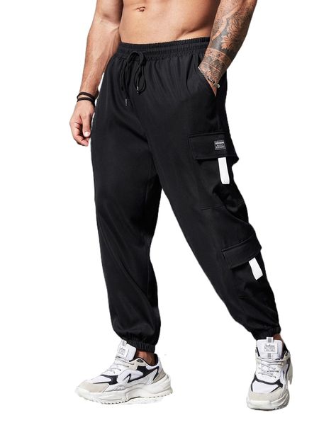 

extended sizes men drawstring waist patch detail cargo pants x5kd#, Black