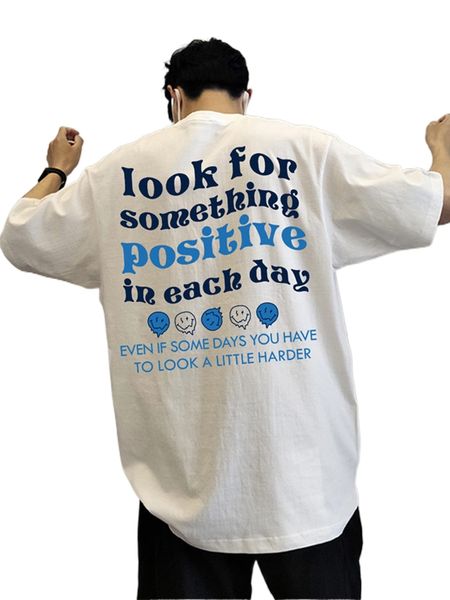 

men slogan & cartoon face print drop shoulder tee 30pv#, White;black