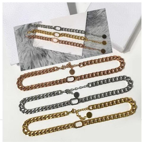 

europe america fashion jewelry sets women lady titanium steel with d letter pendant 18k plated gold thick chain necklaces bracelet224f, Silver