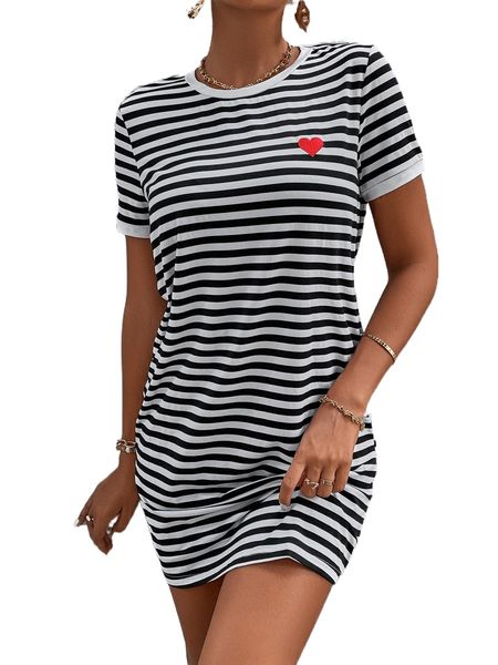 

striped print heart embroidery tee dress z5d6#, Black;gray