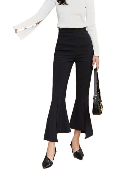 

high waist asymmetrical hem flare leg pants h9rc#, Black;white