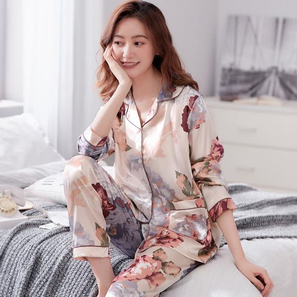

spring silk women womens sleepwear pajamas long pants two pieces set 3xl leisure soft female homewear, Black;red