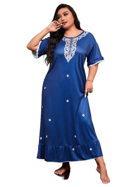 

plus floral print contrast lace ruffle hem night dress x2rz#, Black;white