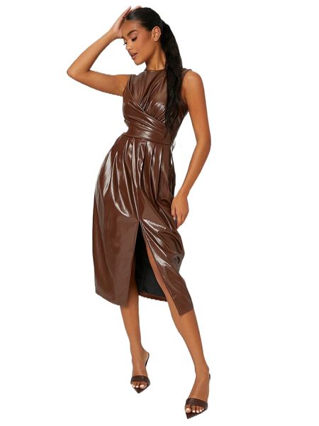 

ruched split thigh pu leather dress p83z#, Black;gray