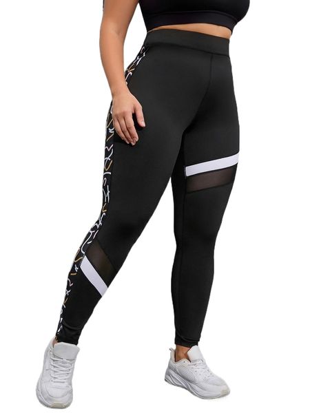 

plus graphic print mesh insert sports leggings e1nq#, Black
