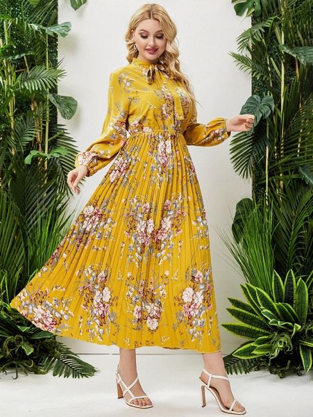 

plus floral print lantern sleeve pleated hem tie neck dress o0r0#, Black