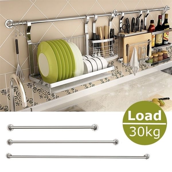 Acciaio inossidabile Hanging Rod Home Kitchen Bar Organizer Wall Storage Stick Holder Tools Accessori 30405060cm Y200429